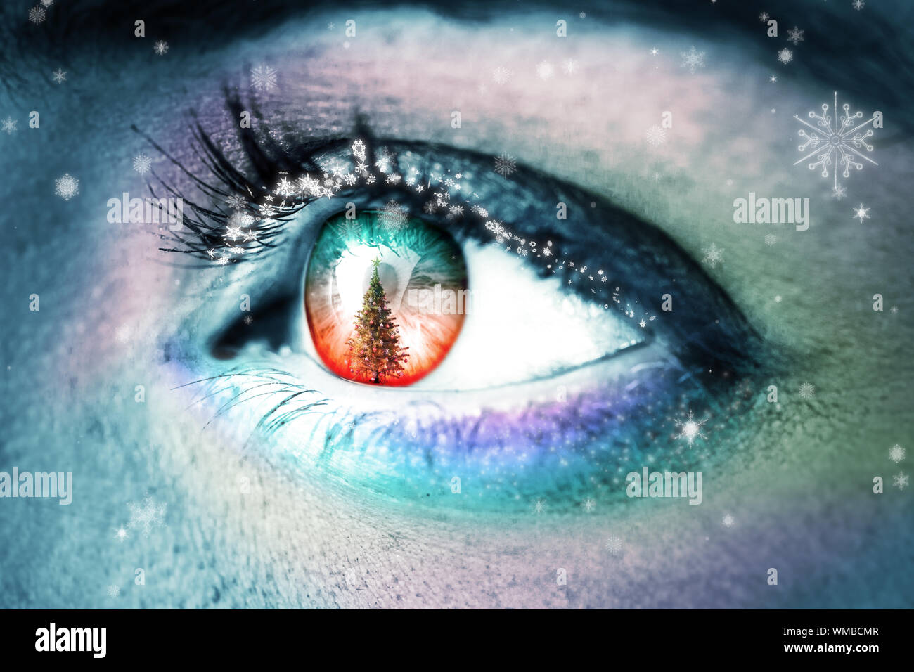 Composite image of close up of colourful eye with falling snow Stock ...