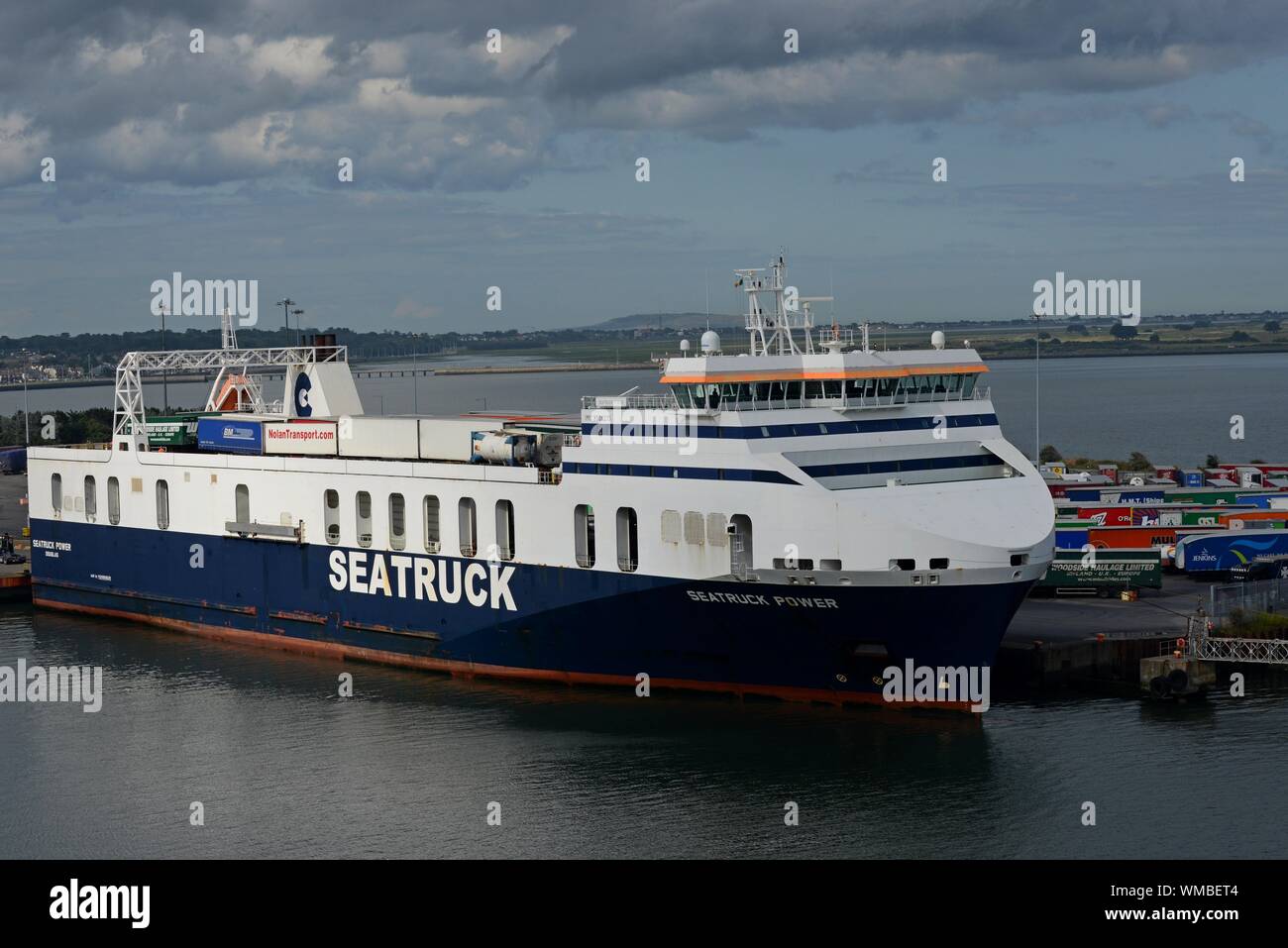 The Seatruck Power, a freight only ferry, loads in Dublin Port for the trip to Liverpool docks