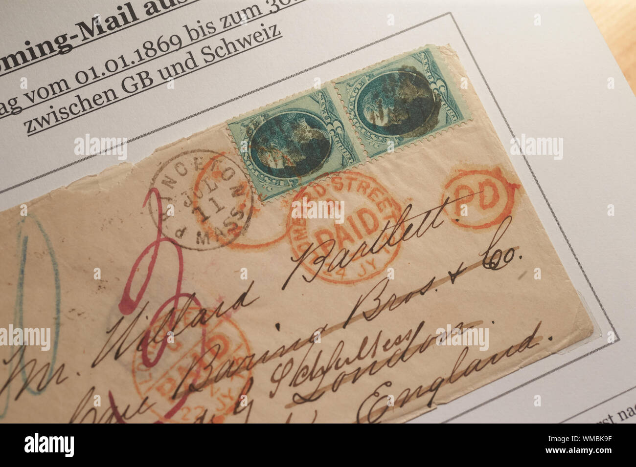 Neuwied, Germany. 03rd Sep, 2019. A letter from a collection sent from Princeton (Massachusetts) to Switzerland in 1873. Hundreds of thousands collect stamps in Germany. (Zu dpa: 70 years of stamps of the Federal Republic - still young collectors). Credit: Thomas Frey/dpa/Alamy Live News Stock Photo