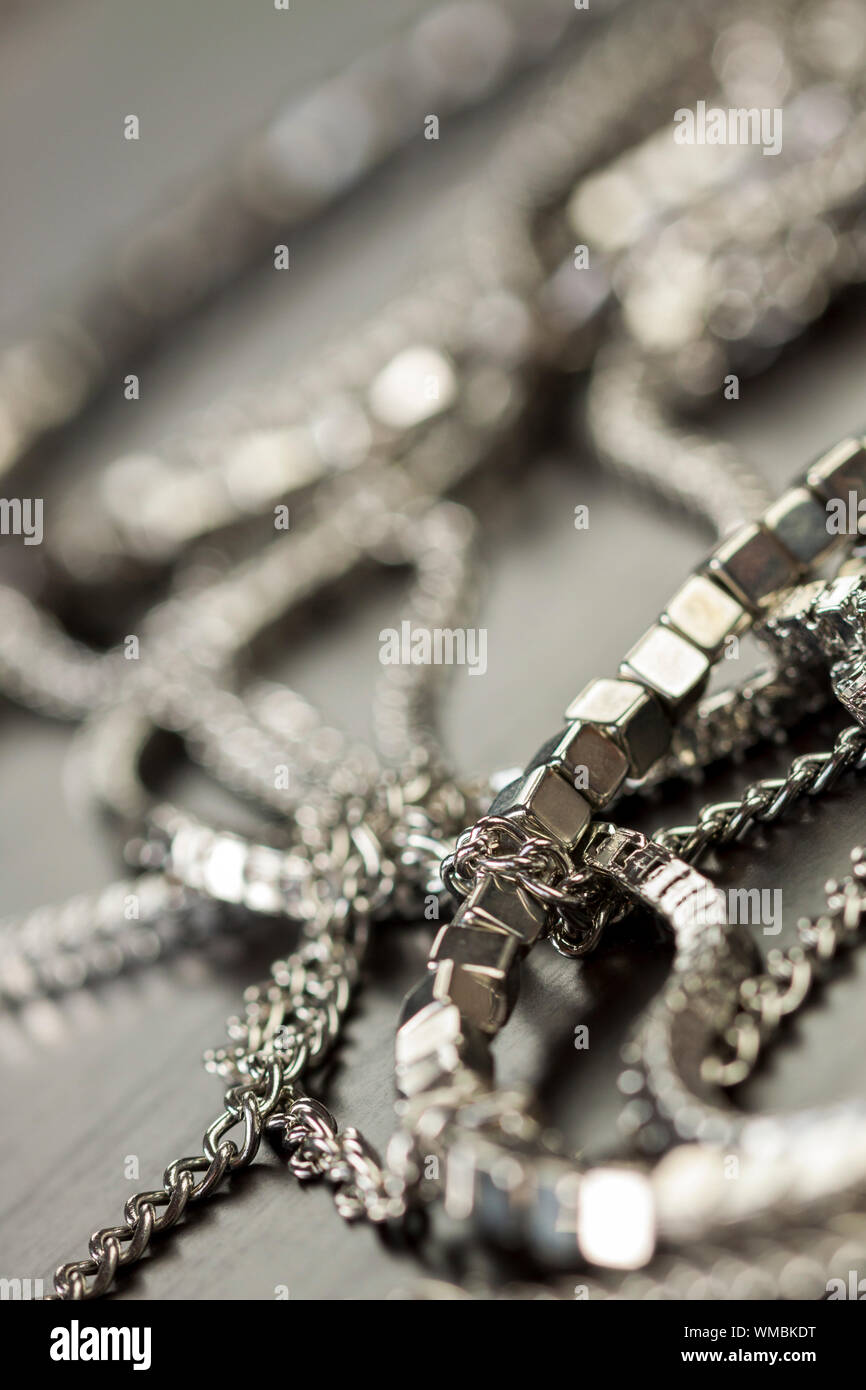 Pile of assorted silver chains Stock Photo