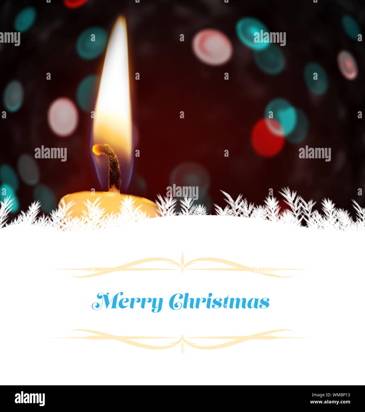 Christmas greeting card against candle burning against festive background Stock Photo - Alamy