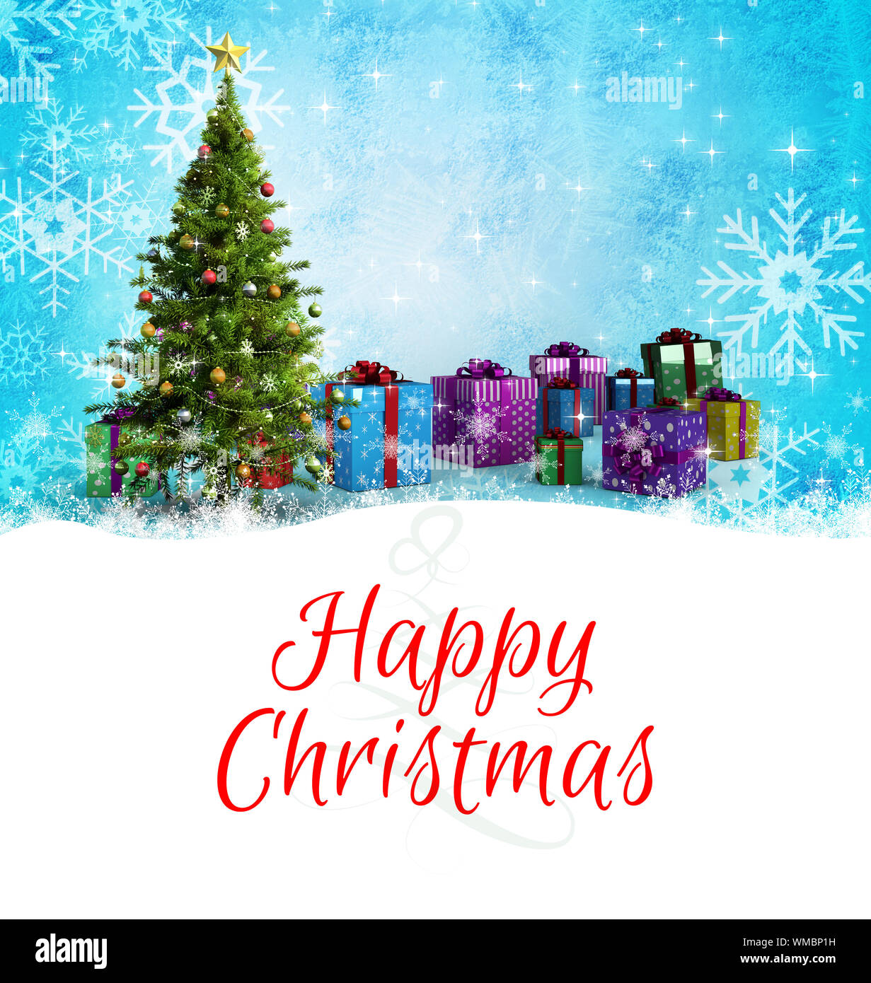 Christmas greeting card against christmas tree with gifts Stock Photo - Alamy