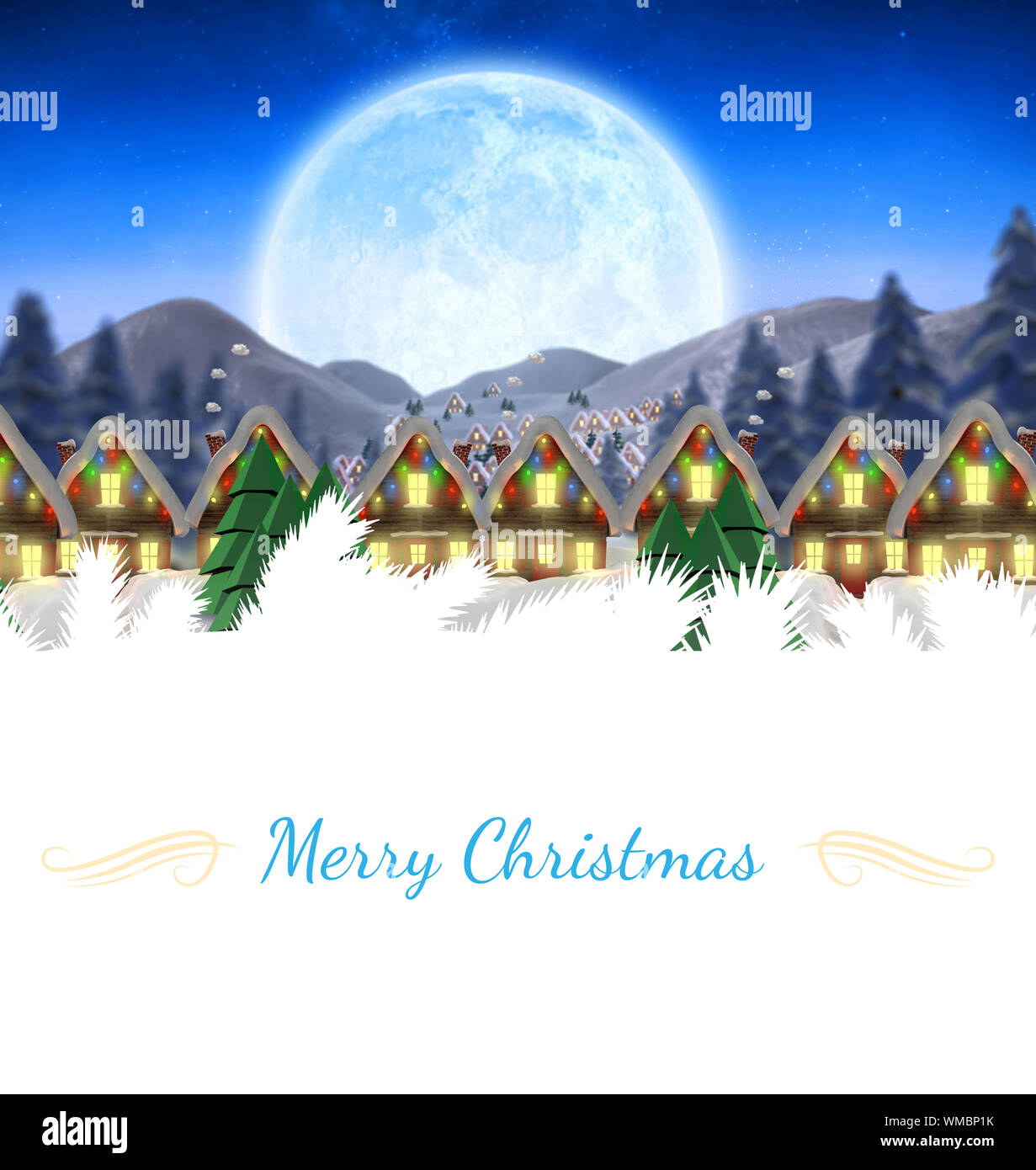 Christmas greeting card against quaint town with bright moon Stock Photo - Alamy