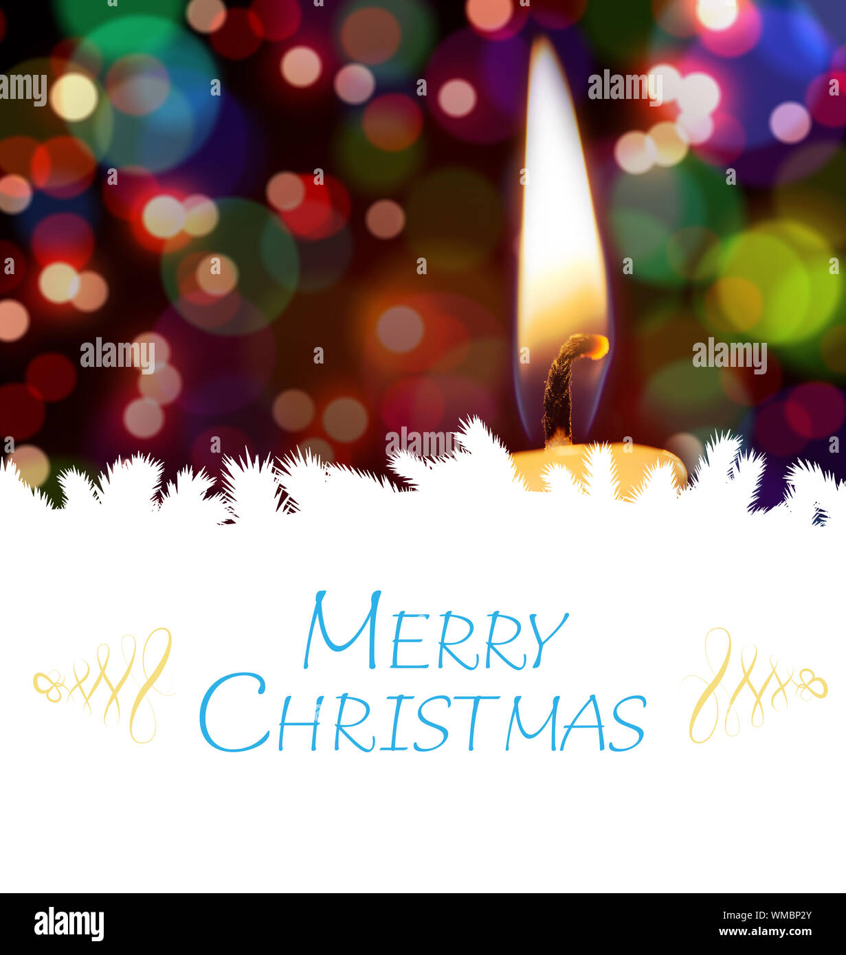 Christmas greeting card against candle burning against festive background Stock Photo - Alamy