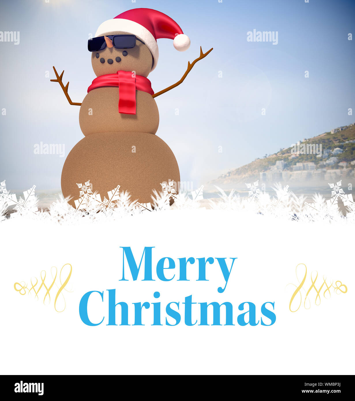 Composite image of christmas card against festive sandman on the beach Stock Photo - Alamy