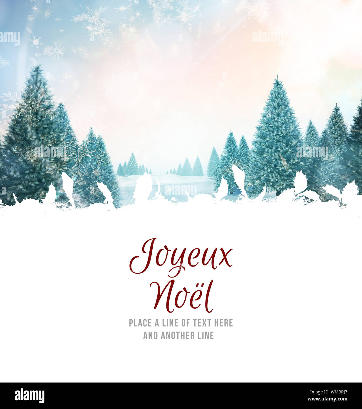 Joyeux noel against snowy landscape with fir trees Stock Photo - Alamy
