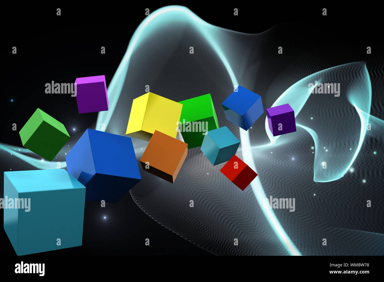 3d colourful cubes floating against abstract glowing black background ...
