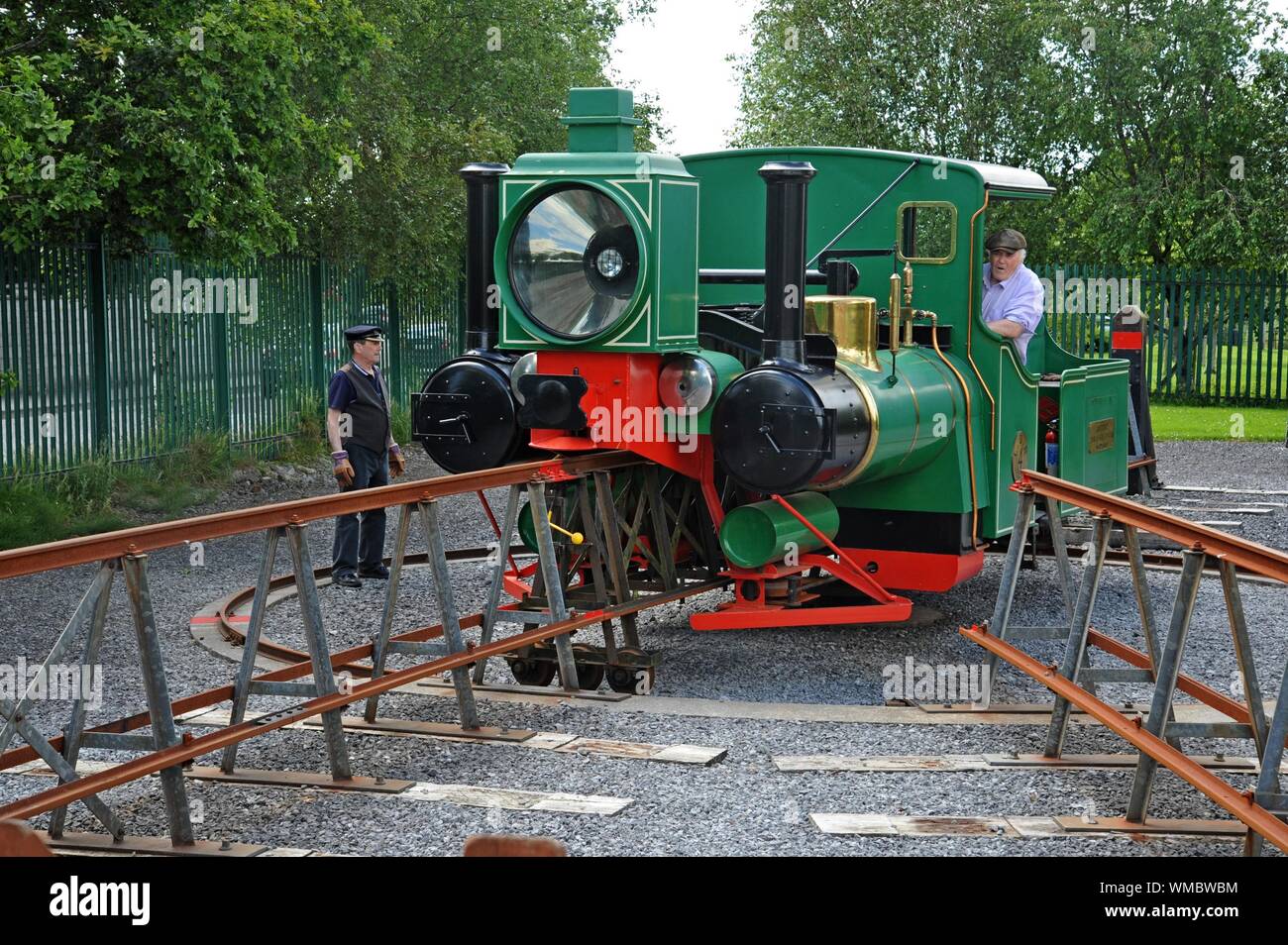 A demonstration of the turntable points at the Lartigue Monorail, a unique heritage railway in Listowel, Co Kerry, Ireland. - Stock Image