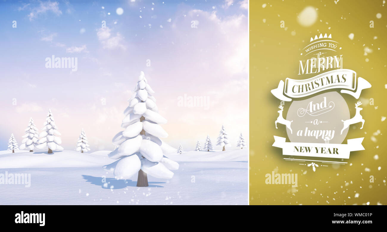 Snow falling against snowy landscape with fir trees Stock Photo - Alamy