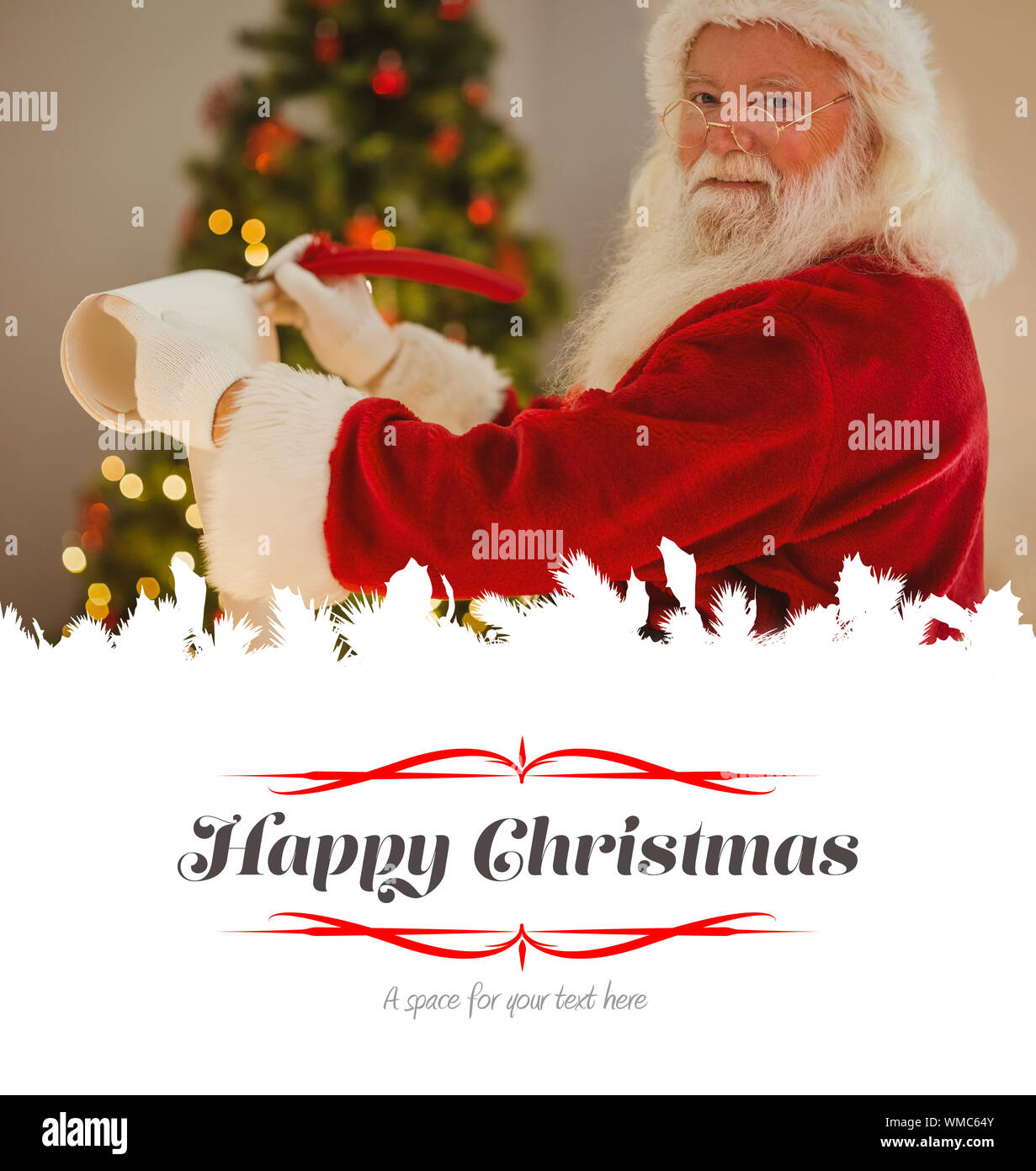 Smiling santa claus writing list against border Stock Photo Alamy