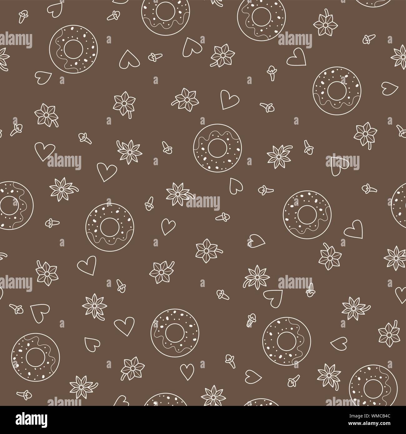 Doodle donuts. Seamless pattern background. Baking vector illustration. Vanilla and cloves. Stock Vector