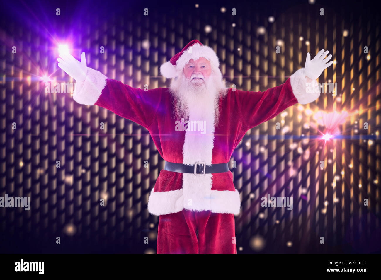 Jolly Santa opens his arms to camera against digitally generated cool