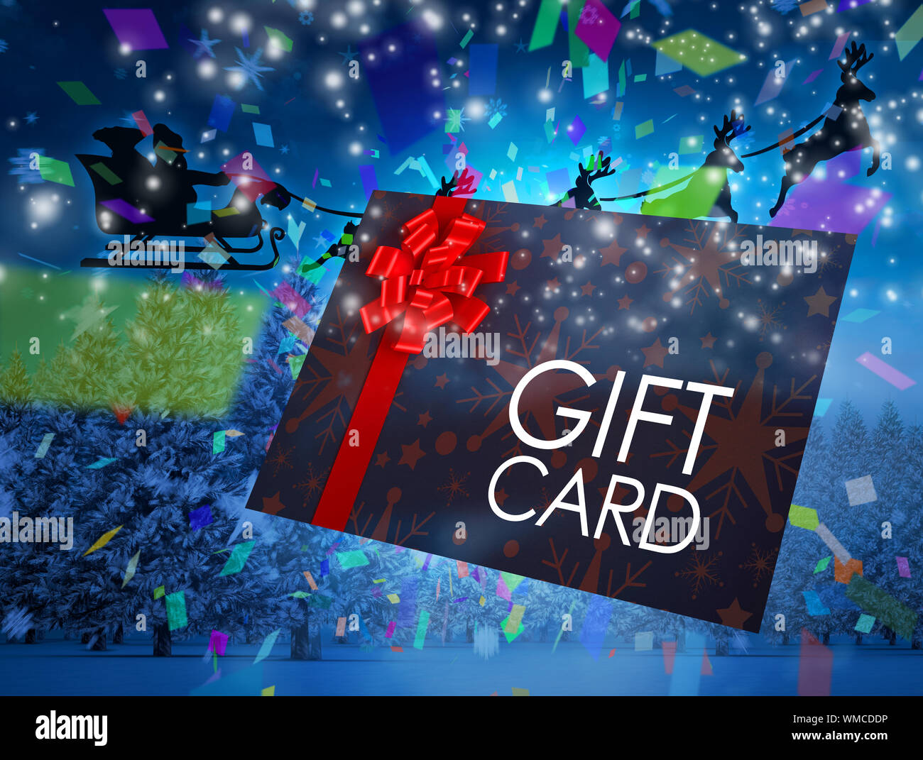 Santa flying his sleigh behind gift card against snowy landscape at night Stock Photo - Alamy