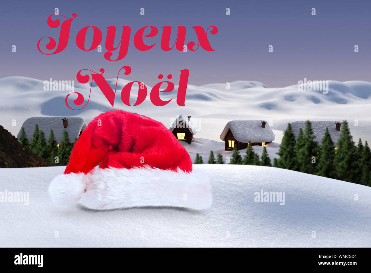 Joyeux Noel Against Cute Village In The Snow Stock Photo Alamy