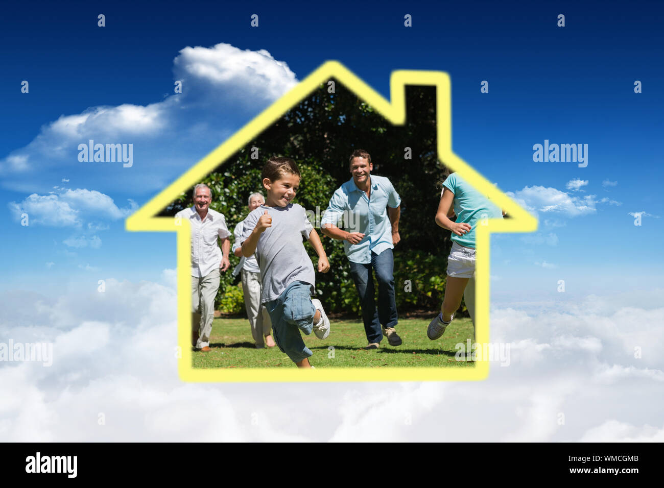 House outline against bright blue sky with clouds Stock Photo - Alamy