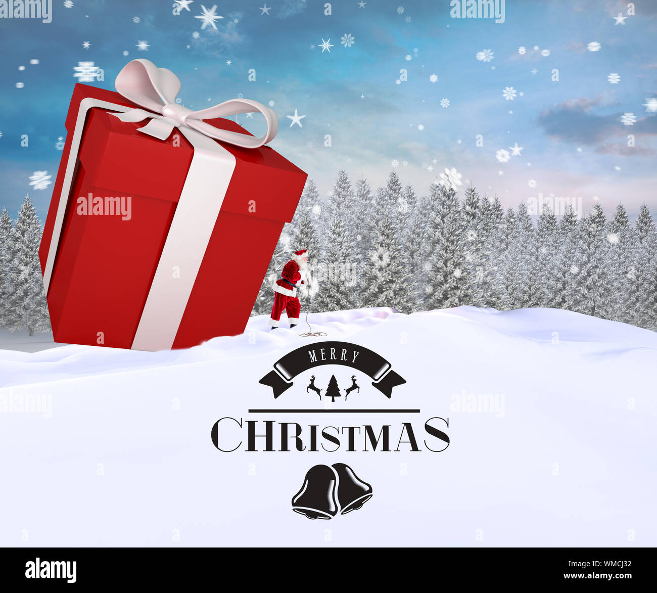 Santa delivering large gift against snowy landscape with fir trees ...