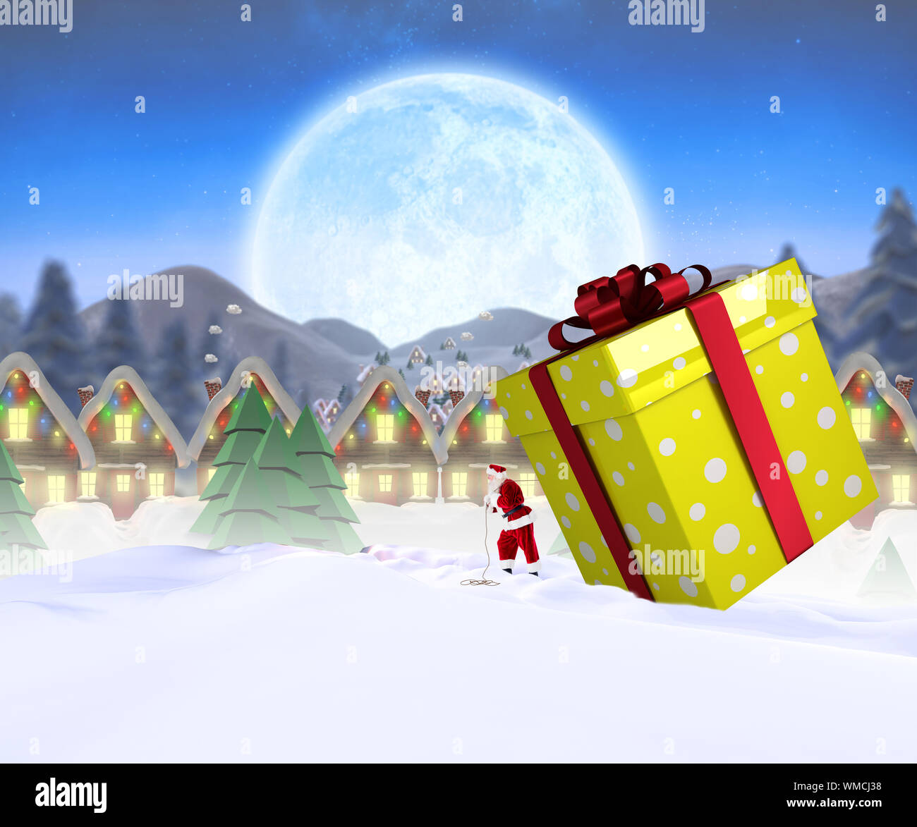 Santa delivering large gift against quaint town with bright moon Stock ...