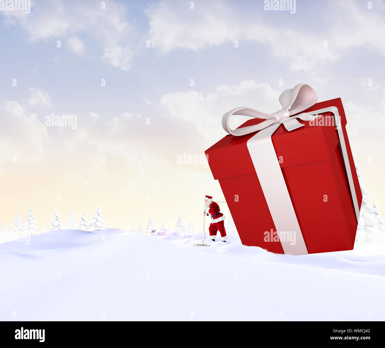 Santa delivering large gift against snowy landscape with fir trees ...