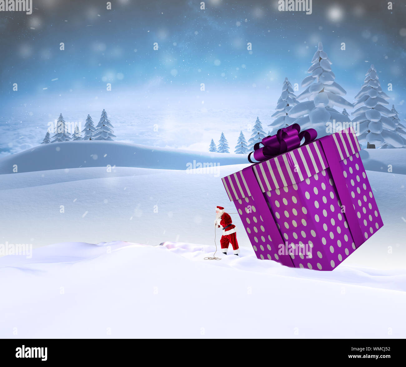Santa delivering large gift against snowy landscape with fir trees ...