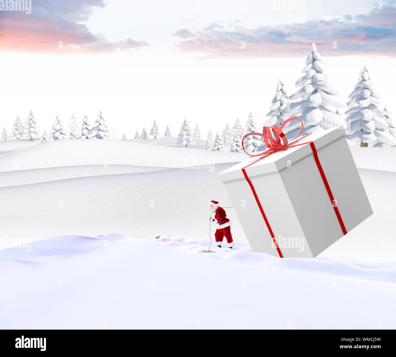 Santa delivering large gift against snowy landscape with fir trees ...