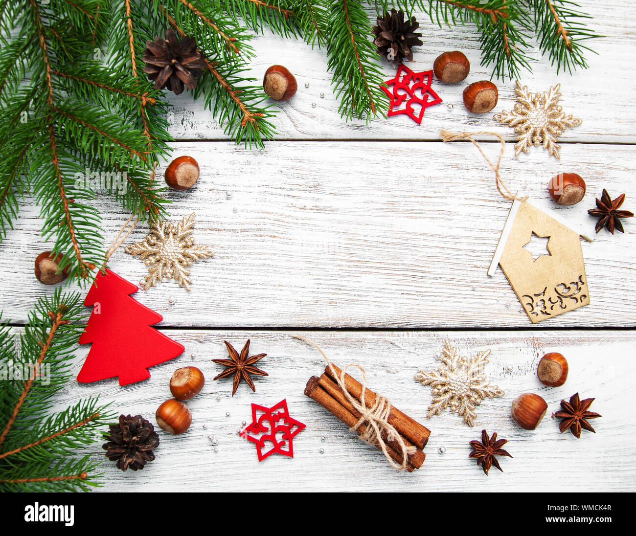 christmas fir tree with decoration on a wooden board Stock Photo - Alamy