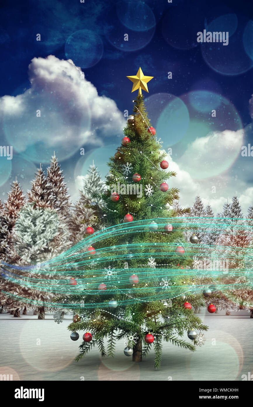 Composite image of christmas tree with falling snow Stock Photo - Alamy