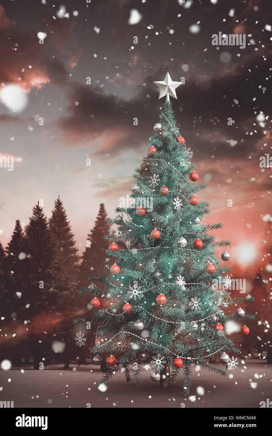 Composite image of christmas tree with falling snow Stock Photo - Alamy