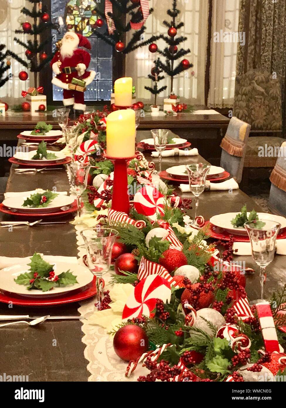 Christmas Decorations On Dining Table Stock Photo Alamy