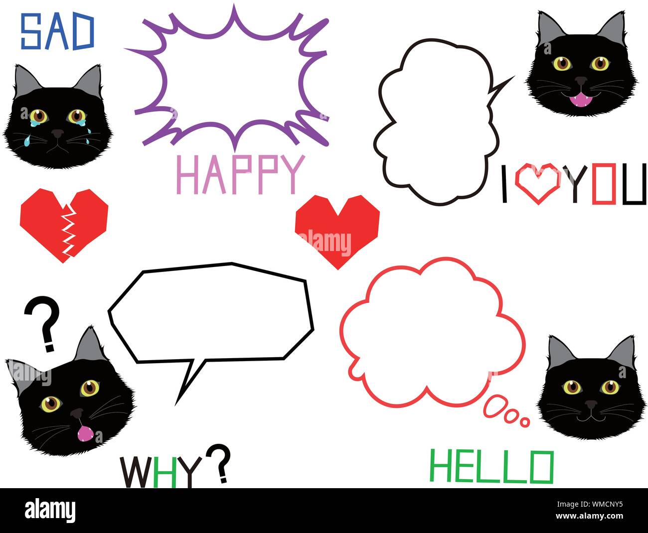 A collection of black cat in vectors with different expressions and callouts Stock Vector