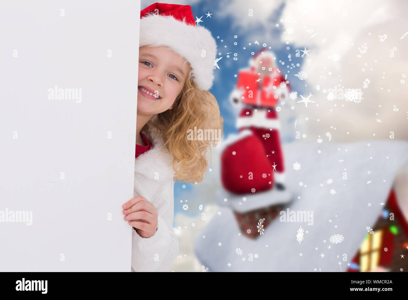 Cute girl with poster against blue sky with white clouds Stock Photo ...