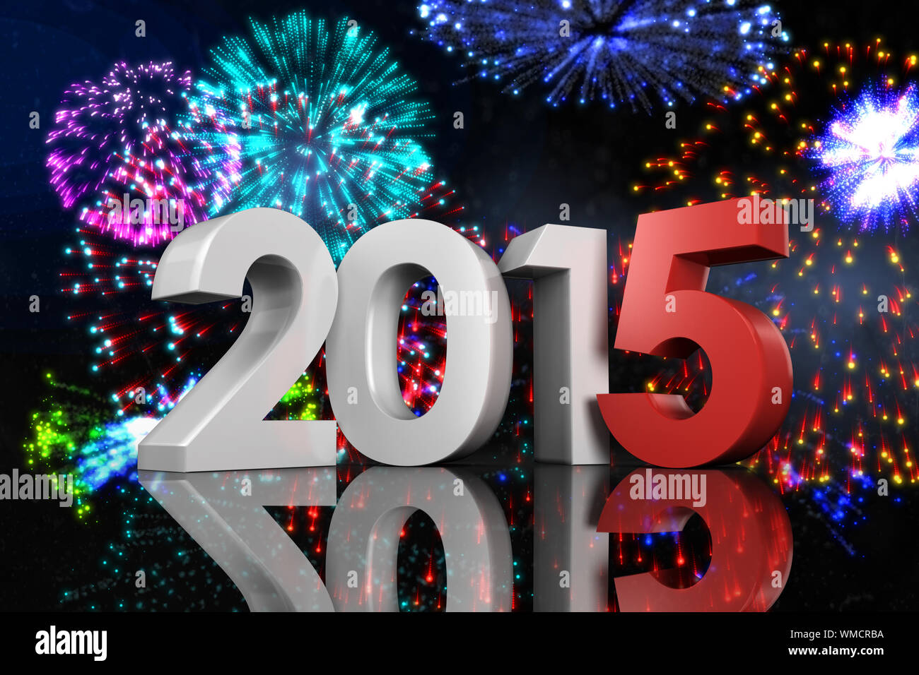 2015 against colourful fireworks exploding on black background Stock Photo