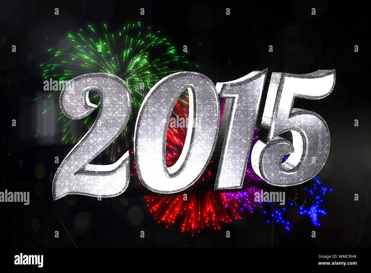 Sparkly 2015 against colourful fireworks exploding on black background Stock Photo