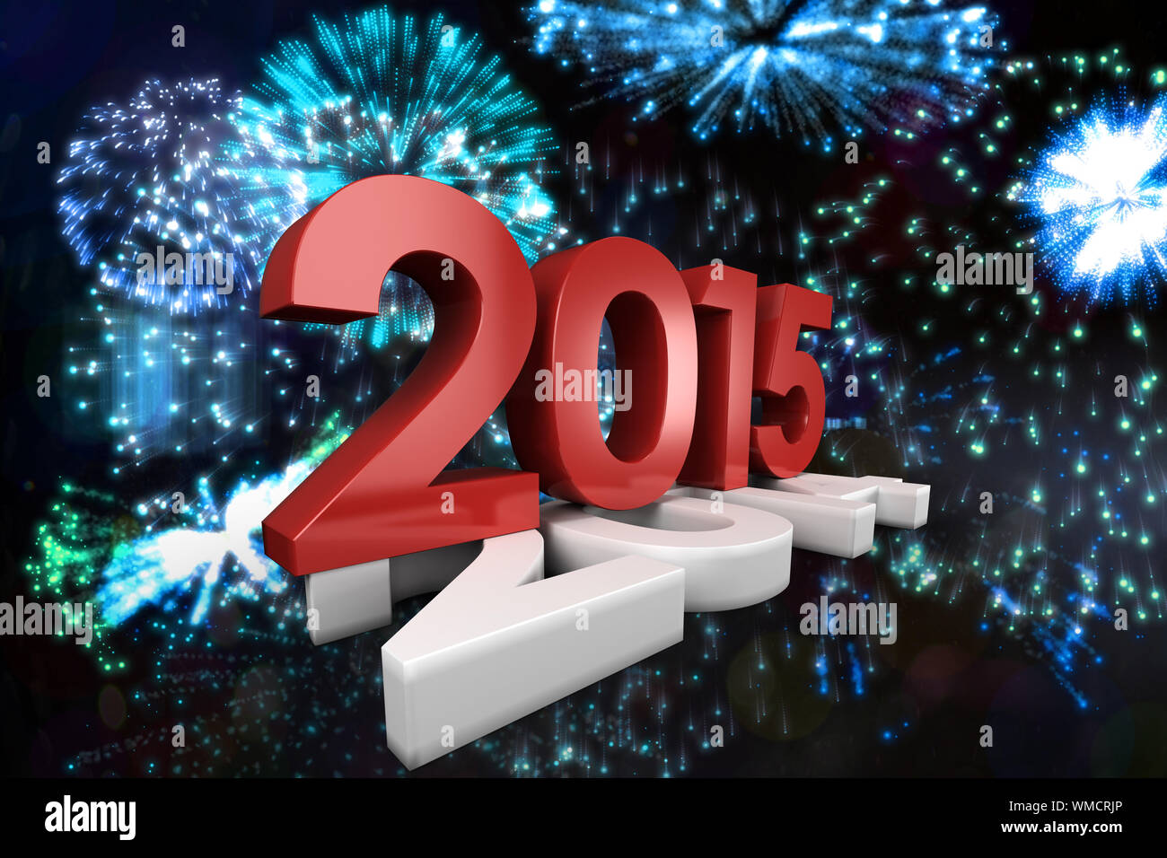 2015 squashing 2014 against colourful fireworks exploding on black background Stock Photo