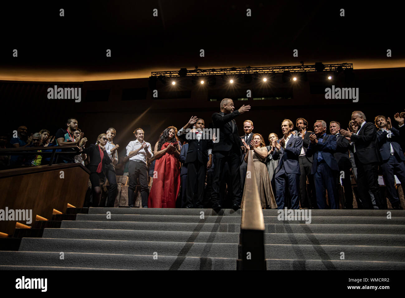Actress Jitka Cvancarova, in red dress, actor Petr Kotlar, 1st right from her, and film director Vaclav Marhoul, 2nd right from her, attend the premie Stock Photo