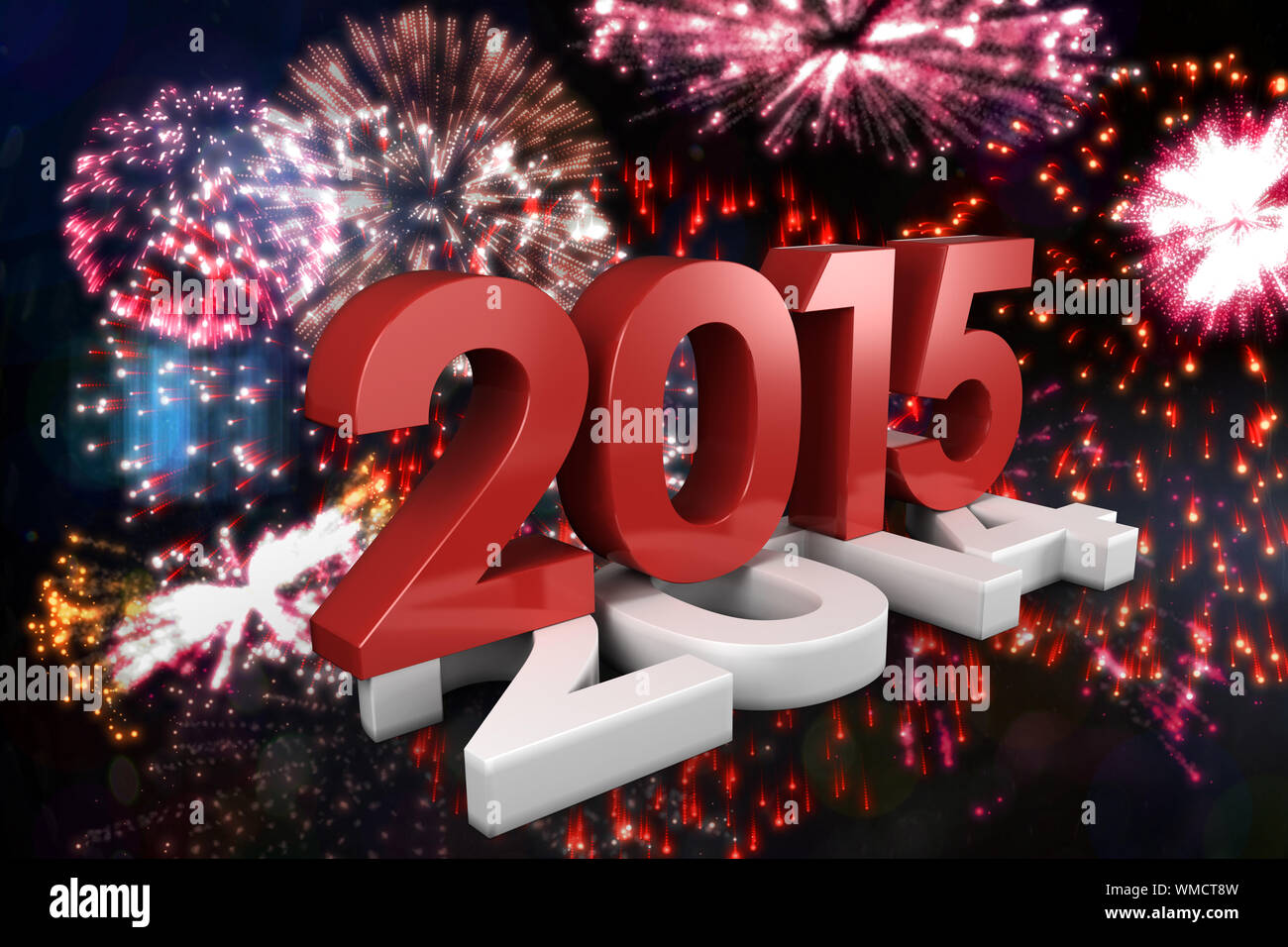 2014 and 2015 against colourful fireworks exploding on black background Stock Photo