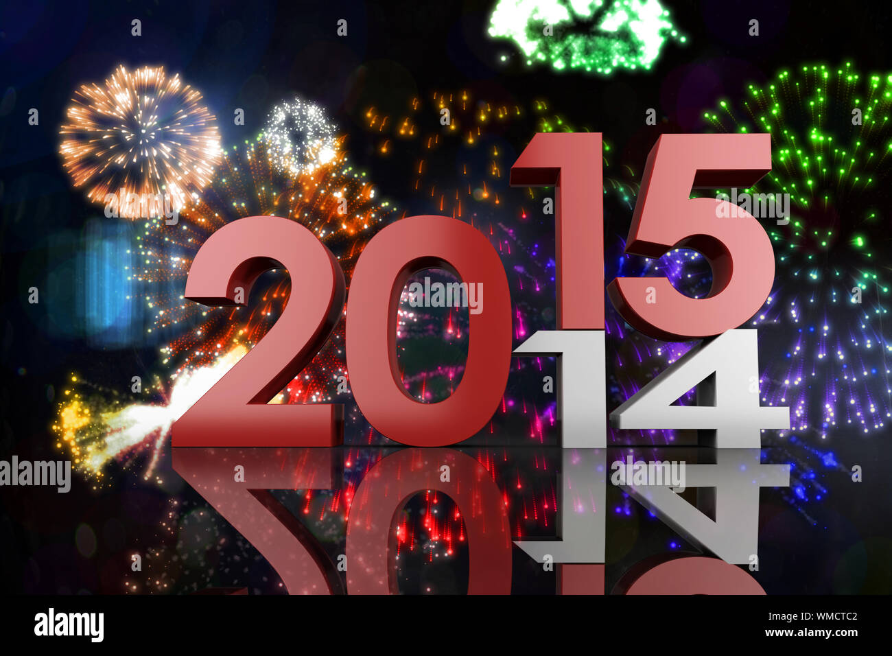 2014 and 2015 against colourful fireworks exploding on black background Stock Photo