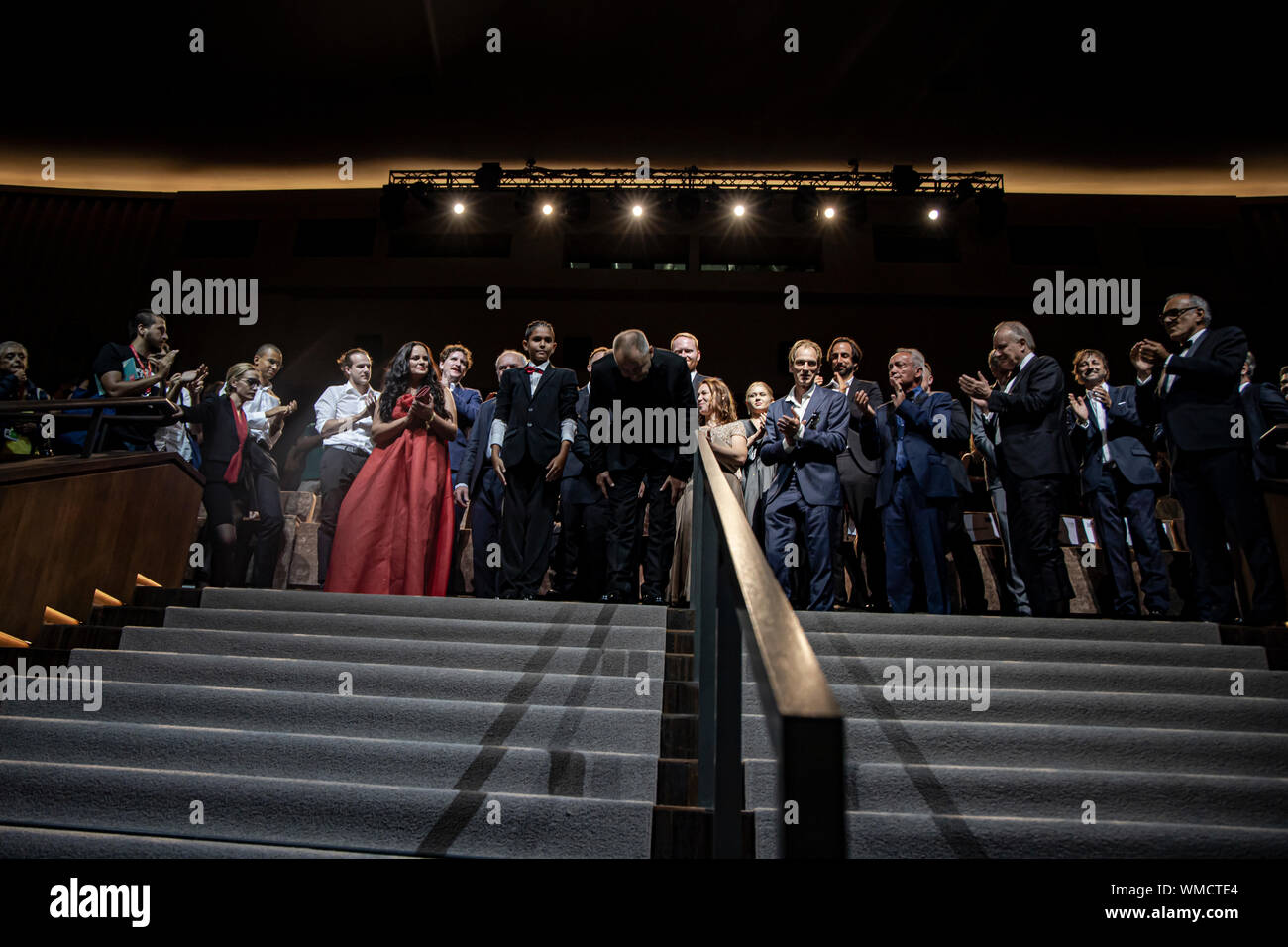 Actress Jitka Cvancarova, in red dress, actor Petr Kotlar, 1st right from her, and film director Vaclav Marhoul, 2nd right from her, attend the premie Stock Photo