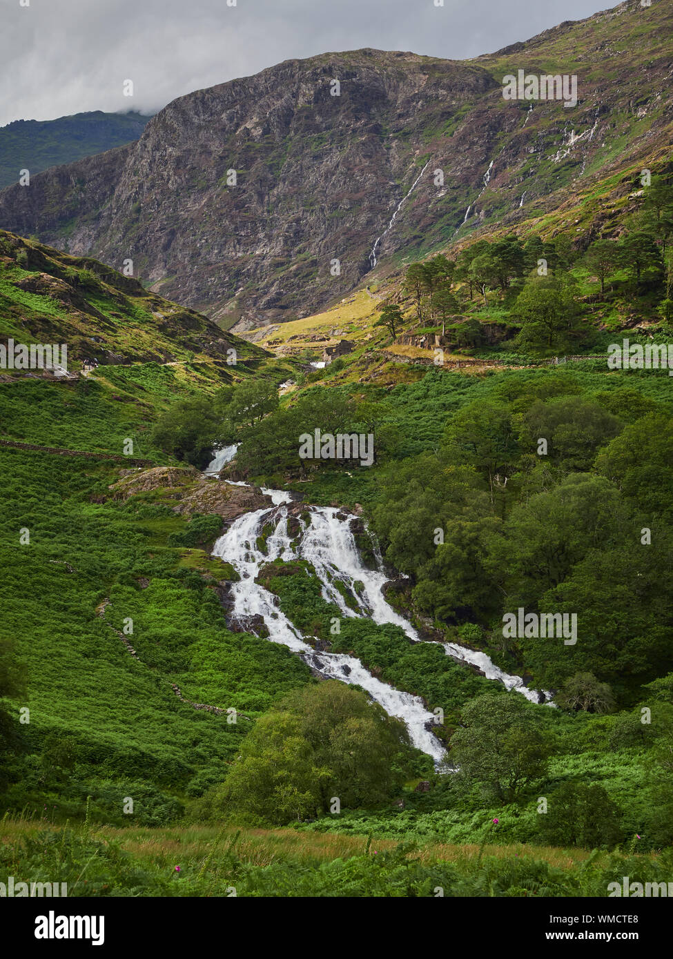 The River Cwn Llan running through The Snowdonia National Park on the Watkin Path with mountains in the background, Wales, UK Stock Photo