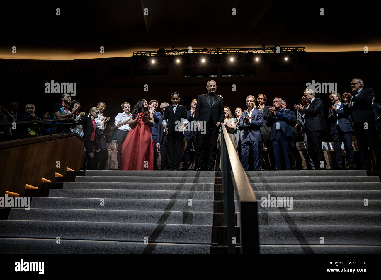 Actress Jitka Cvancarova, in red dress, actor Petr Kotlar, 1st right from her, and film director Vaclav Marhoul, 2nd right from her, attend the premie Stock Photo