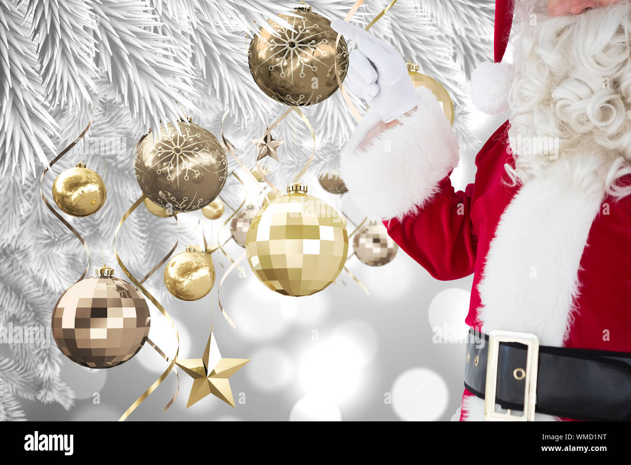 Mid Section Of Santa Pointing Against Christmas Decorations