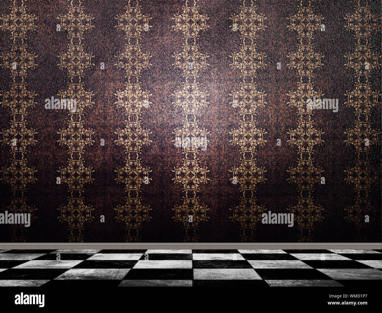 Illustration of background in with pattern wallpaper and checkered tile