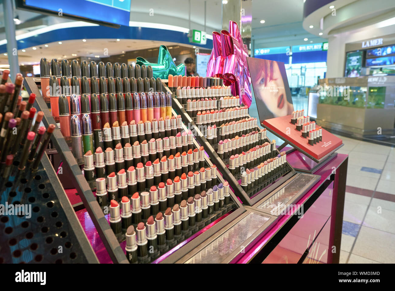 DUBAI, UAE CIRCA JANUARY, 2019 MAC makeup products on display at Dubai International Airport