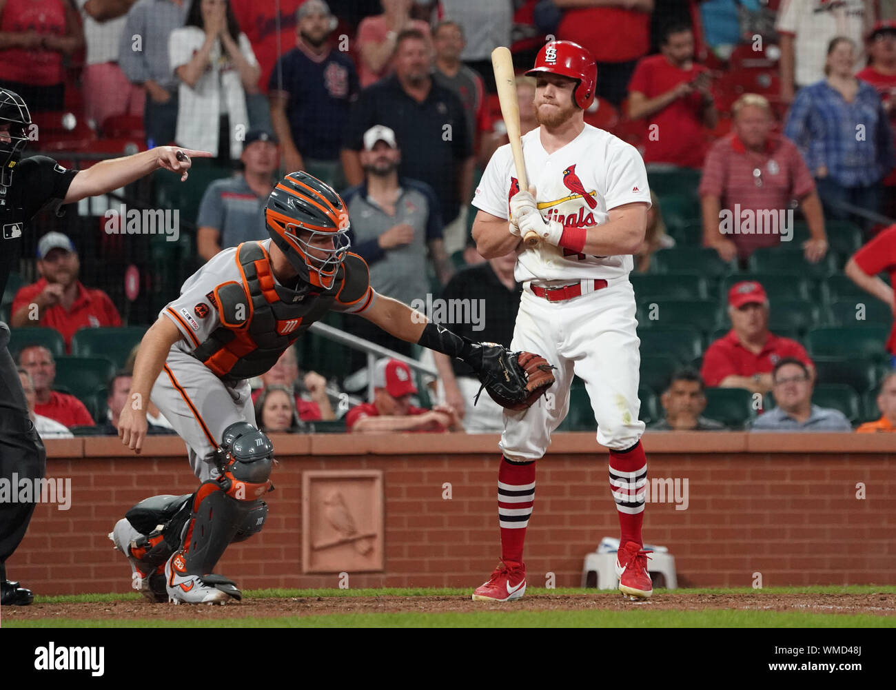San Francisco Giants catcher Buster Posey tags out St. Louis Cardinals Harrison Bader to end the game at Busch Stadium in St. Louis on Wednesday, September 4, 2019. San Francisco defeated St. Louis, 9-8.    Photo by Bill Greenblatt/UPI Stock Photo