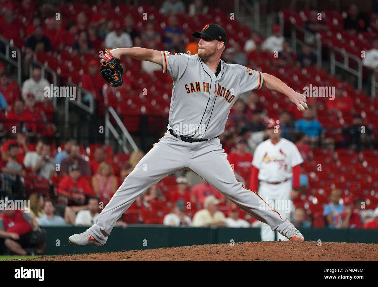 San Francisco Giants pitcher Will Smith delivers a pitch to the St. Louis Cardinals in the ninth inning at Busch Stadium in St. Louis on Wednesday, September 4, 2019. San Francisco defeated St. Louis, 9-8.  Photo by Bill Greenblatt/UPI Stock Photo