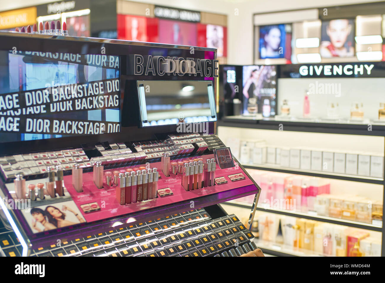 DUBAI, UAE CIRCA FEBRUARY, 2019 Dior makeup products on display at Dubai International