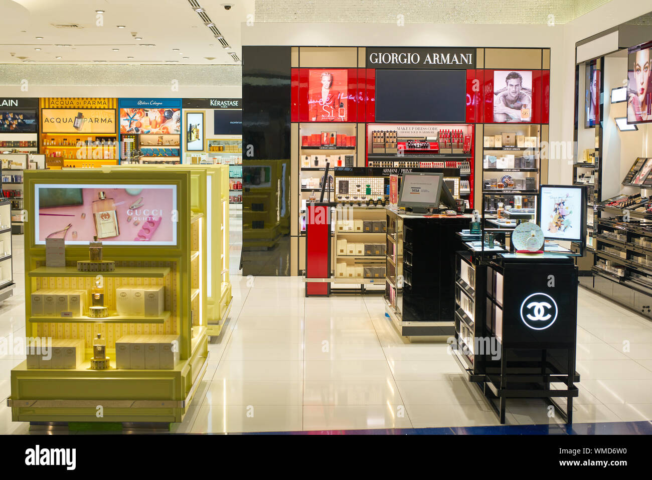 DUBAI, UAE CIRCA FEBRUARY, 2019 perfumes and cosmetics products on