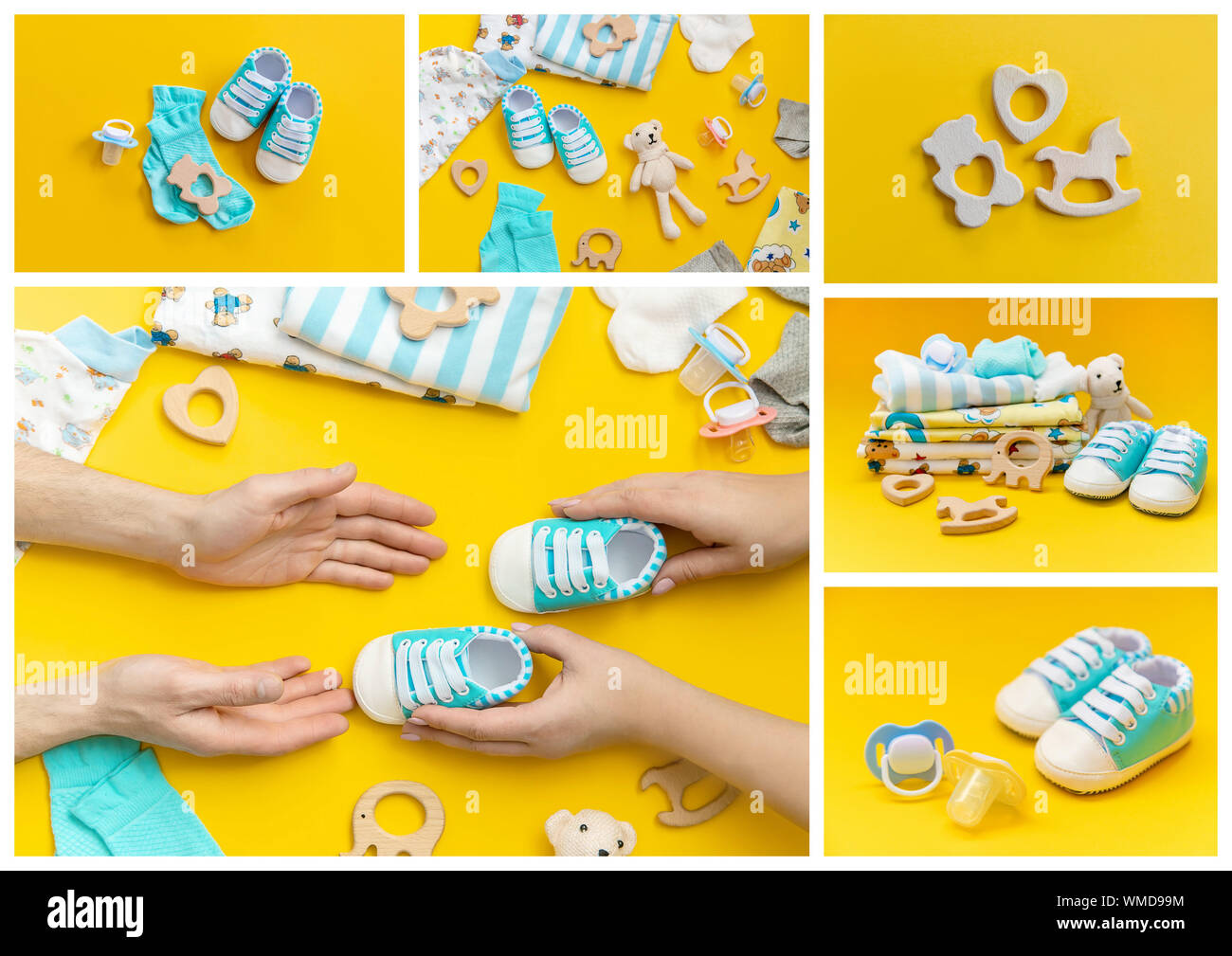 Collage Baby Accessories On A Colored Background Selective Focus Kids Stock Photo Alamy