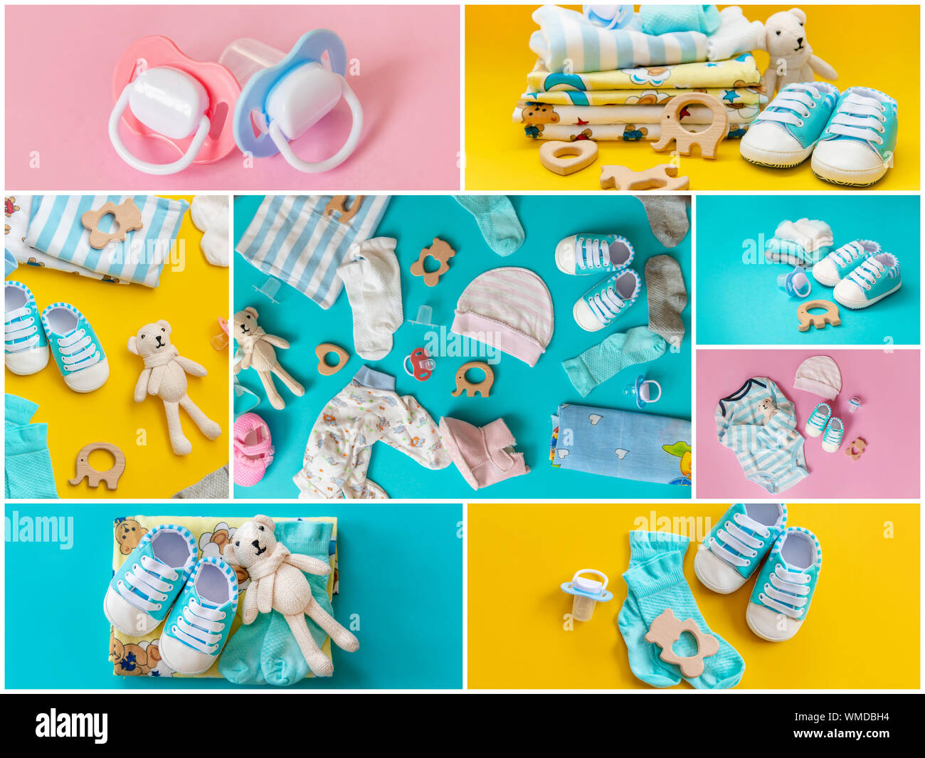 Collage Baby Accessories On A Colored Background Selective Focus Kids Stock Photo Alamy
