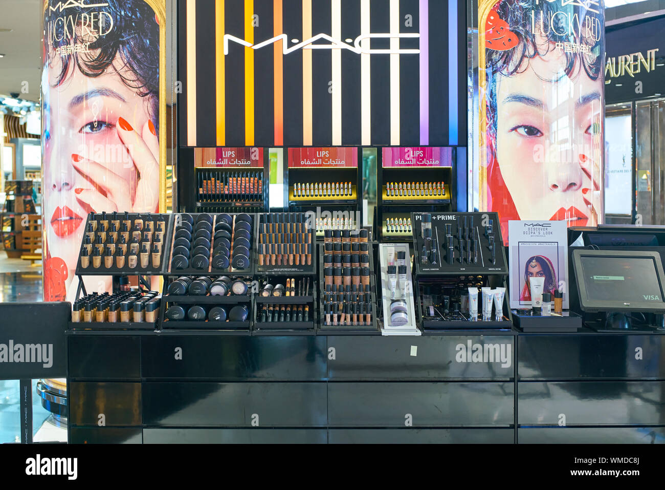 DUBAI, UAE CIRCA FEBRUARY, 2019 MAC makeup products on display at Dubai International Airport