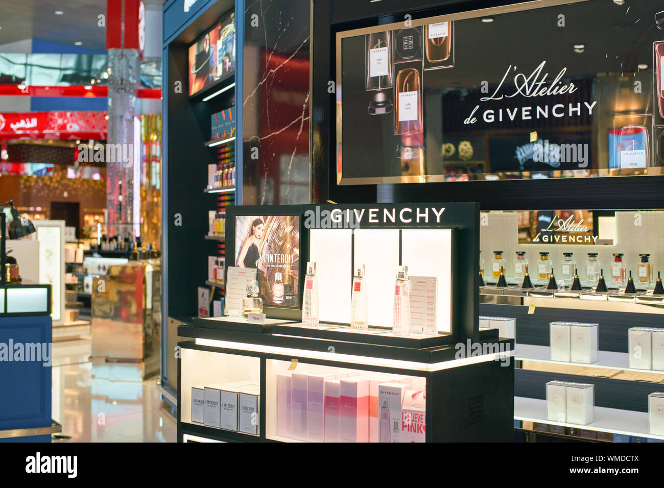 DUBAI, UAE - CIRCA FEBRUARY, 2019: perfumes on display in Duty Free at ...